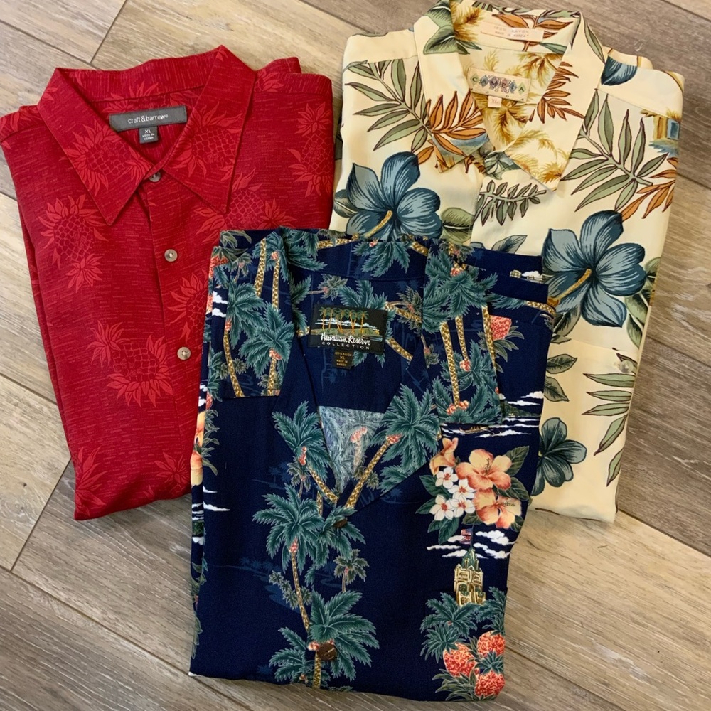 Set of three Rayon tropical shirt sleeve button down shirts.